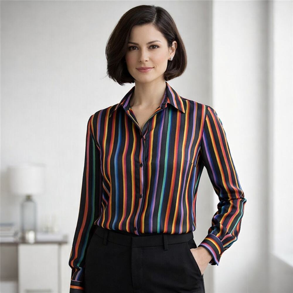 Jones New York Sz Large Pure Silk Black Stripe Button Up Long Sleeve Blouse